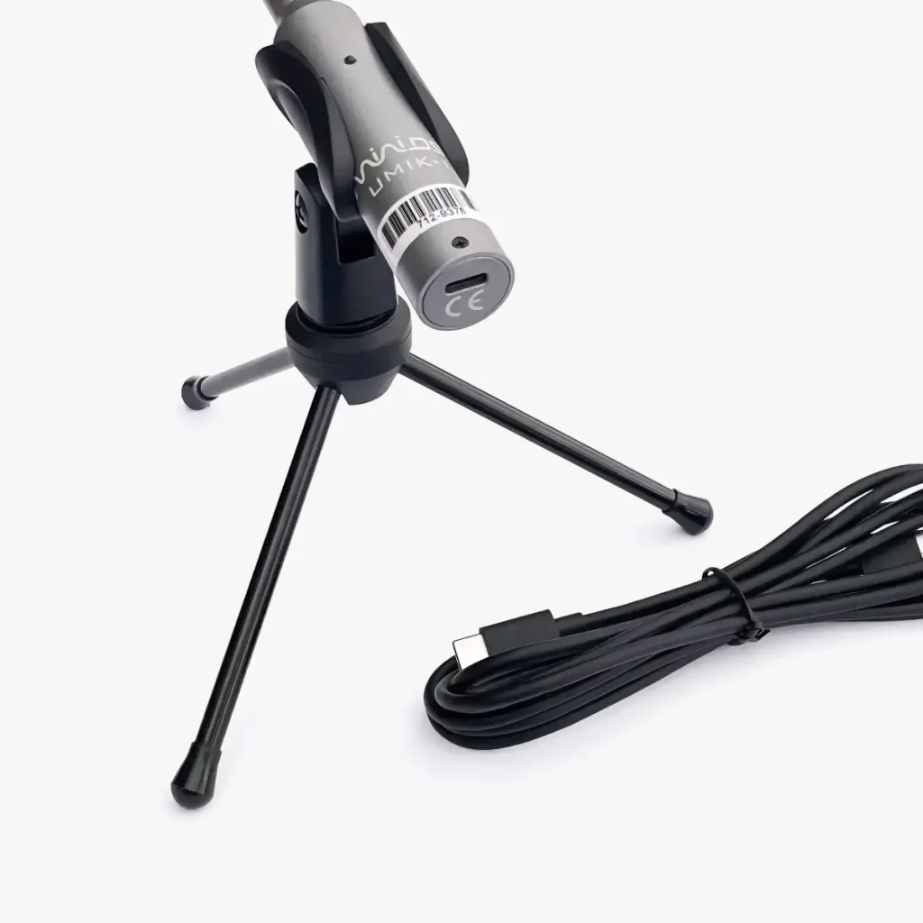 miniDSP UMIK-1 calibrated omnidirectional USB measurement microphone rear socket and USB cable