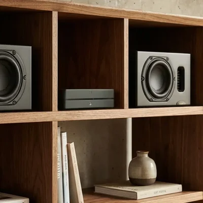 Neat Iota II speakers on a bookshelf