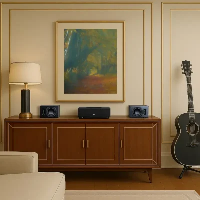 Neat Iota II speakers on a sideboard