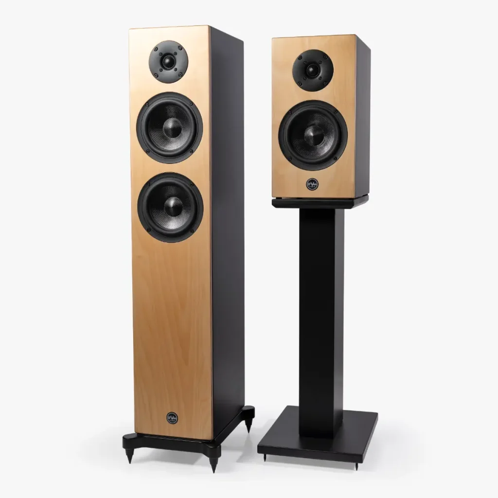 D'Von Audio Aurora SQ-20 and SQ-40 speakers in birch / black finish